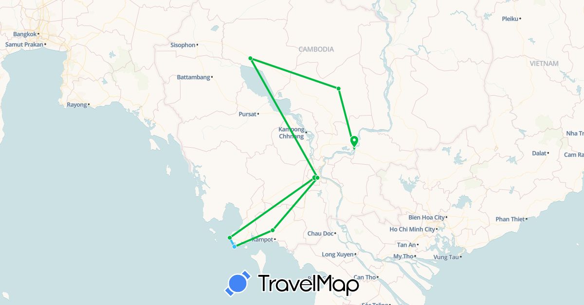 TravelMap itinerary: bus, plane, boat in Cambodia (Asia)